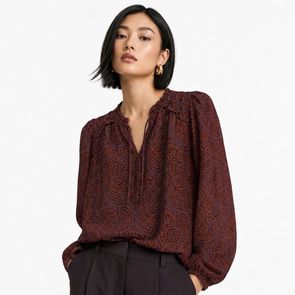 Les Serein Alva‎ Long Sleeve Blouse Purple Paisley Burnout Split Neck M NWT